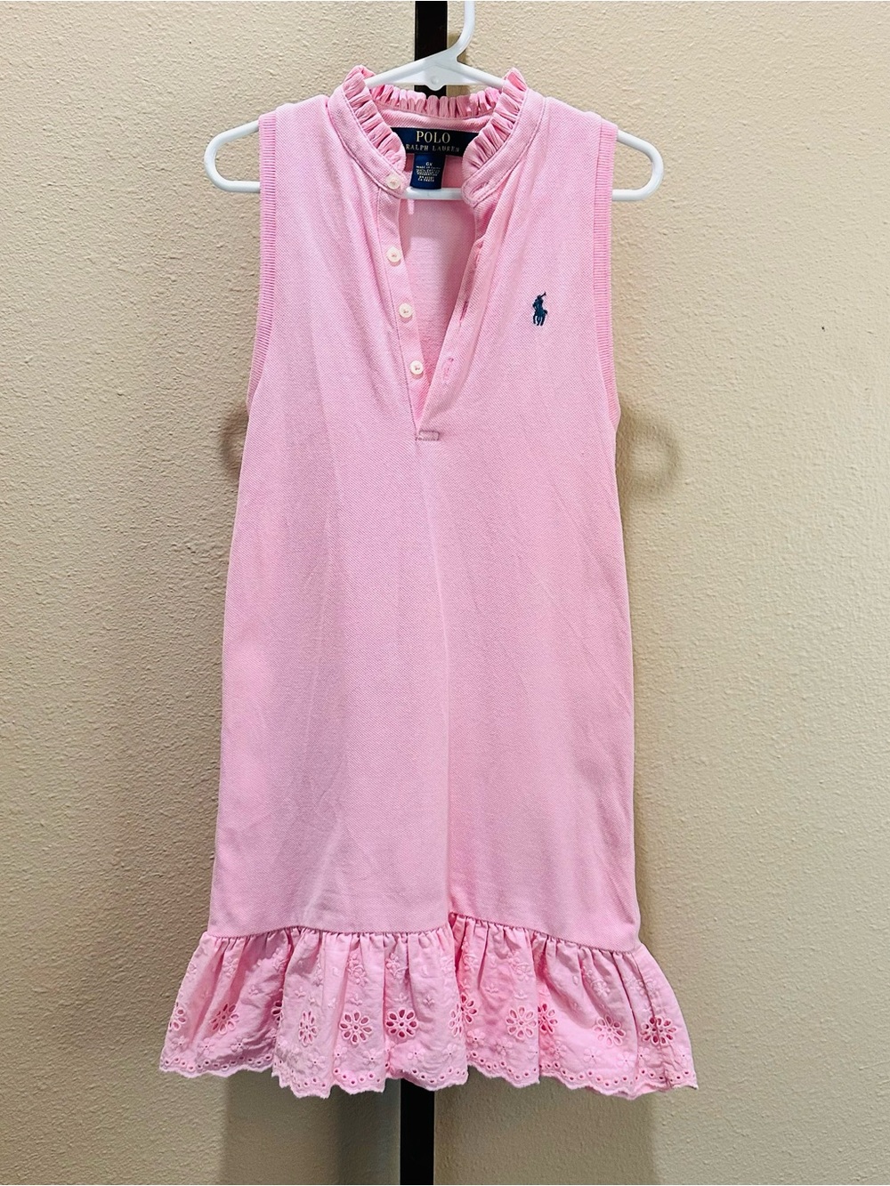Girls 6/6X Ralph Lauren Light Pink Sleeveless Polo Dress Eyelet Ruffle Cotton